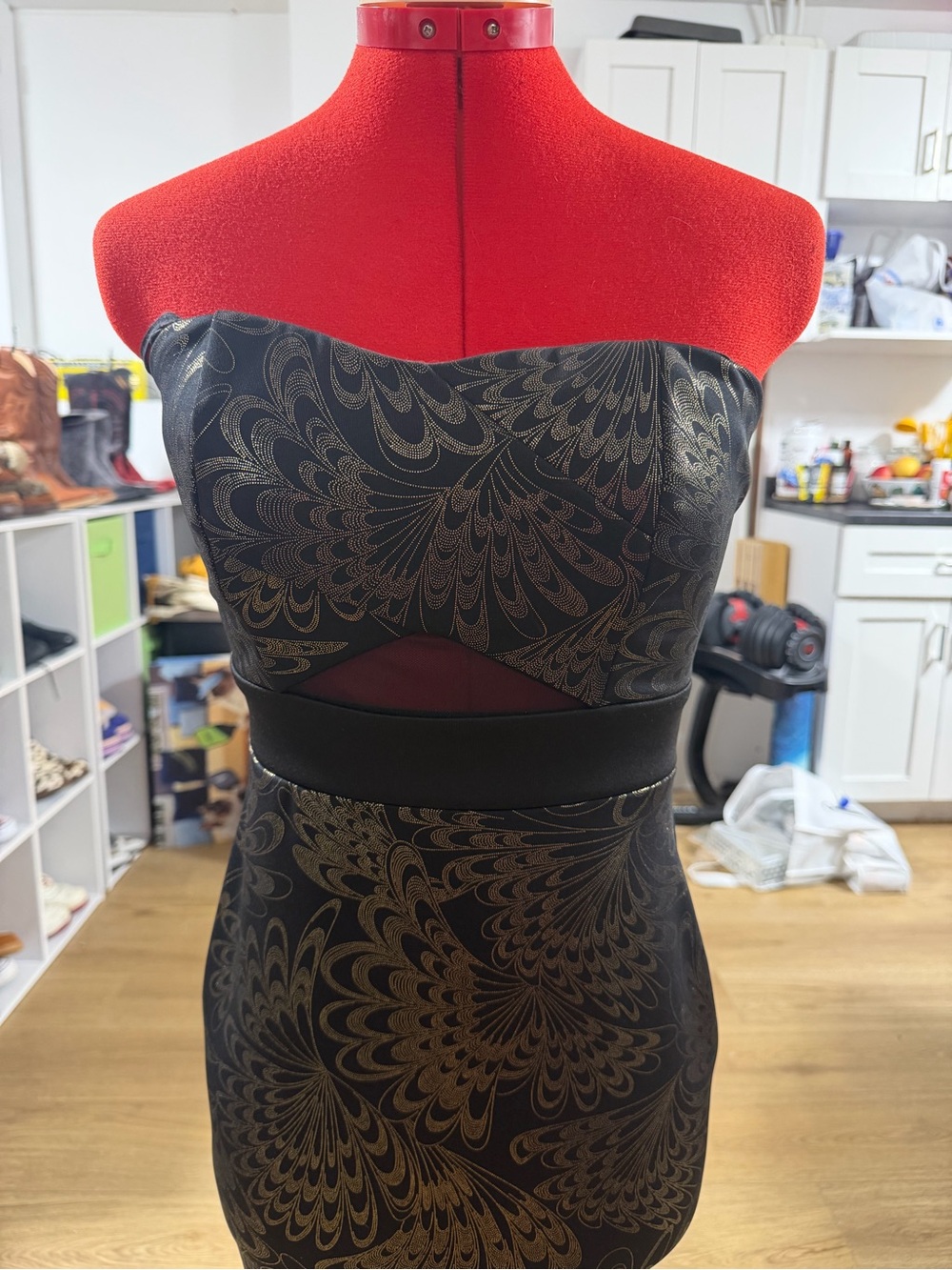 Eclipse Strapless Black Dress with Gold Swirl Print